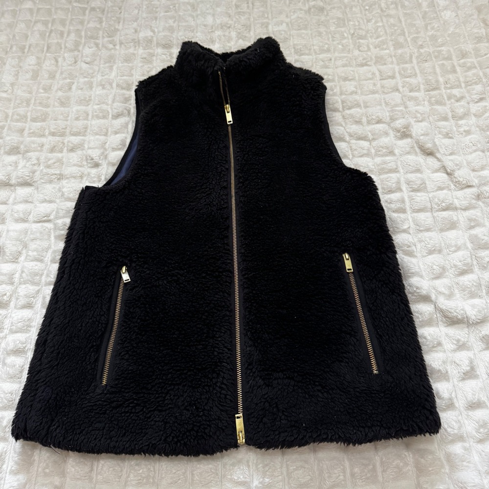 J Crew XS Black Plush Fleece Excursion Vest Full Zip Winter Layering Classic